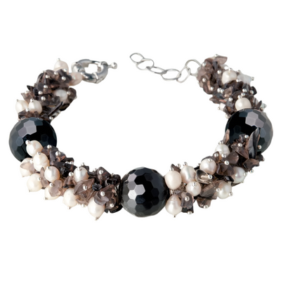 Smokey Garland Bracelet featuring faceted black gems and clustered white pearls with delicate smoky accents, designed for women’s elegant jewelry collection.