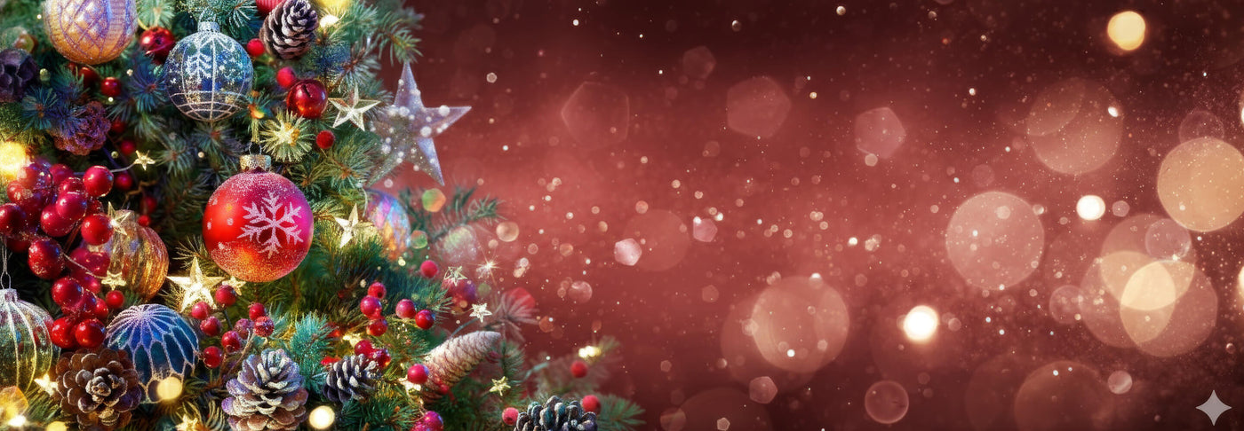 Decorated Christmas tree with lights and ornaments on a dark red background with bokeh lights.