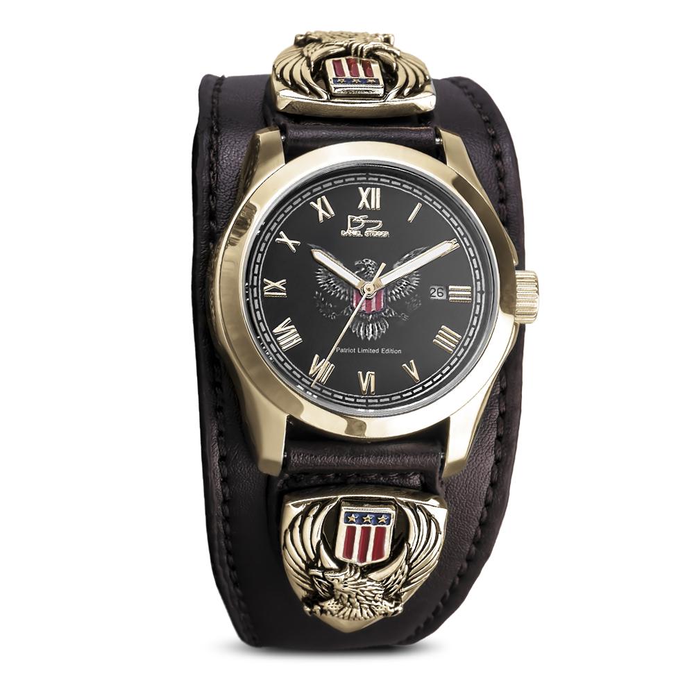 Patriot Men's Watch featuring a black dial with Roman numerals, stainless steel case with gold plating, and a wide dark leather strap accented by patriotic eagle emblems.