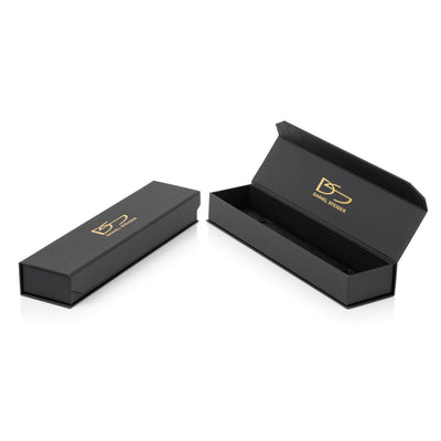 Black jewelry box with gold DS Daniel Steiger logo, open and closed, designed for packaging Dynasty Men's Bracelet made of stainless steel with gold plating.