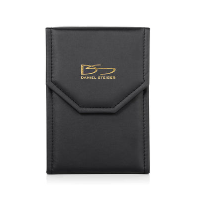 Black leather jewelry pouch with gold Daniel Steiger logo, designed for securely storing the Crystal Contessa Rose Gold Necklace.