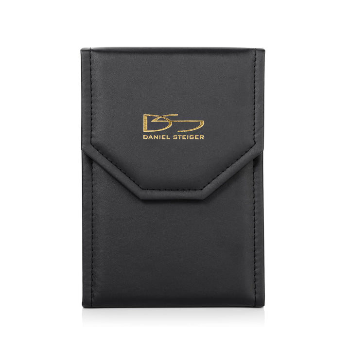 Black leather jewelry pouch with gold Daniel Steiger logo, designed for securely storing the Crystal Contessa Rose Gold Necklace.