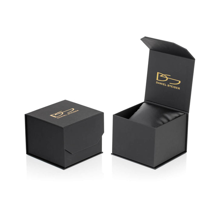 Luxury black watch box with gold Daniel Steiger logo, designed to hold and display the Cobra Men's Watch securely and elegantly.