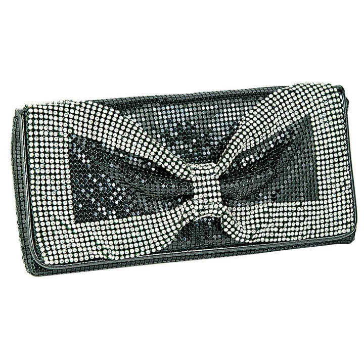 Crystal Bow Bag for women, featuring a sparkling crystal-encrusted bow design on a sleek black clutch, perfect for elegant evening occasions.