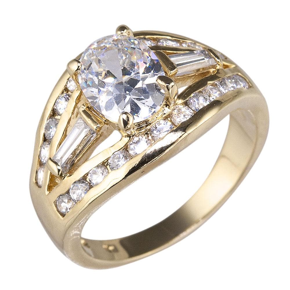 Close-up of the Amora Ring designed for female wearers, crafted from sterling silver with gold plating, featuring a large central round crystal surrounded by smaller sparkling stones.