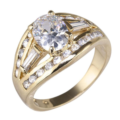 Close-up of the Amora Ring designed for female wearers, crafted from sterling silver with gold plating, featuring a large central round crystal surrounded by smaller sparkling stones.
