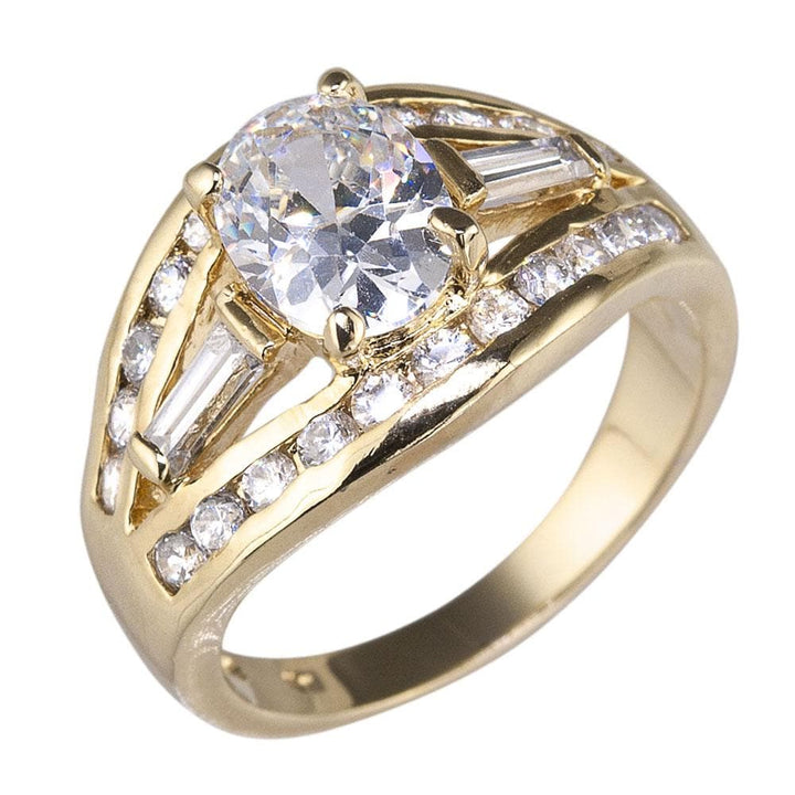 Close-up of the Amora Ring designed for female wearers, crafted from sterling silver with gold plating, featuring a large central round crystal surrounded by smaller sparkling stones.