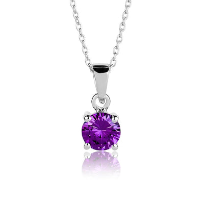 Brilliant Birthstones Pendant February featuring a sterling silver chain with rhodium plating and a vibrant purple birthstone pendant designed for females.