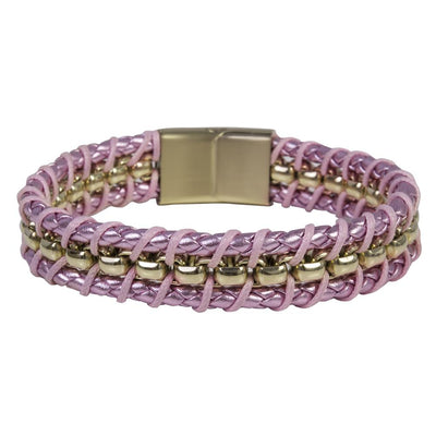 Melrose Pink Leather Bracelet featuring pink leather woven around sterling silver gold-plated beads with a gold-plated clasp, designed for women’s jewelry collection.