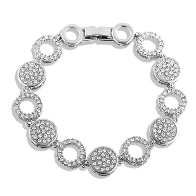 Links Rhodium Bracelet featuring alternating circular links encrusted with sparkling crystals in rhodium plating for elegant female jewelry accessory.