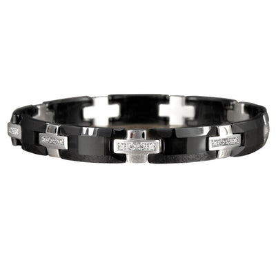 Midnight Ceramic Bracelet featuring black ceramic links and silver-toned cross accents with embedded crystals, designed for a stylish male jewelry collection.