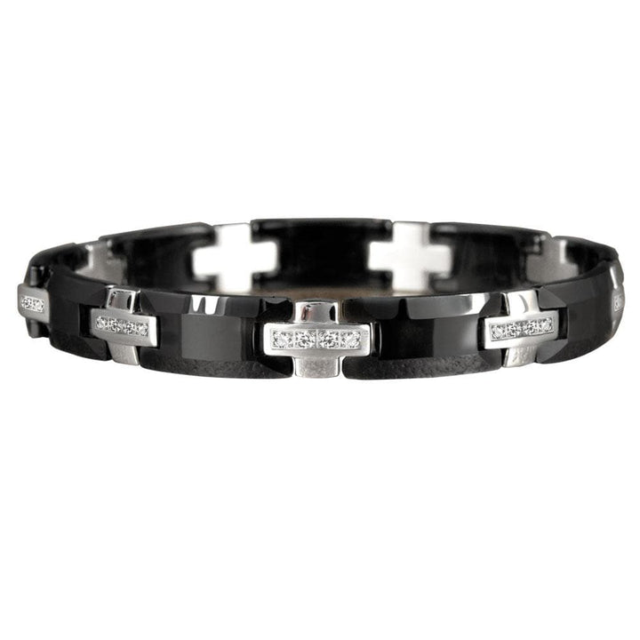 Midnight Ceramic Bracelet featuring black ceramic links and silver-toned cross accents with embedded crystals, designed for a stylish male jewelry collection.