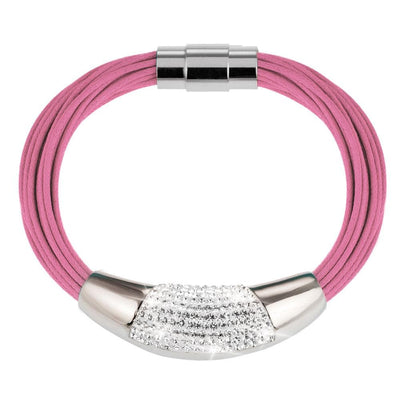 Cristal Pink Bracelet featuring a stainless steel clasp and center accent with multiple strands of pink cord, designed for female jewelry lovers.