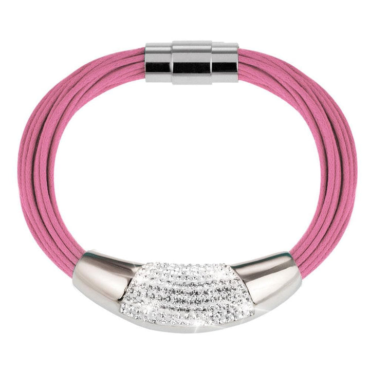 Cristal Pink Bracelet featuring a stainless steel clasp and center accent with multiple strands of pink cord, designed for female jewelry lovers.