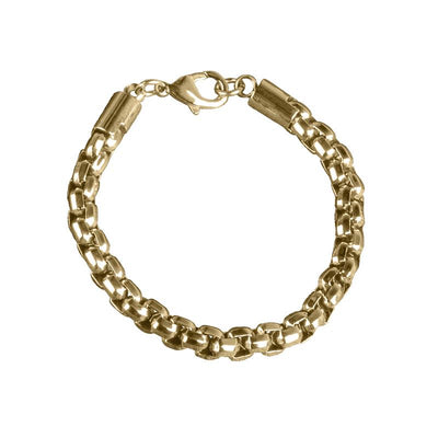 Chester Gold Steel Bracelet showcasing a polished gold-plated stainless steel chain link design for men, featuring a secure lobster clasp closure.