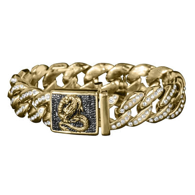 Dragon King Bracelet featuring a stainless steel gold-toned chain design with crystal embellishments and a detailed dragon emblem on the clasp, designed for men.