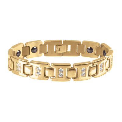 Dynasty Men's Bracelet crafted from gold-plated stainless steel featuring a stylish link design with embedded clear stones, perfect for sophisticated men's jewelry collections.