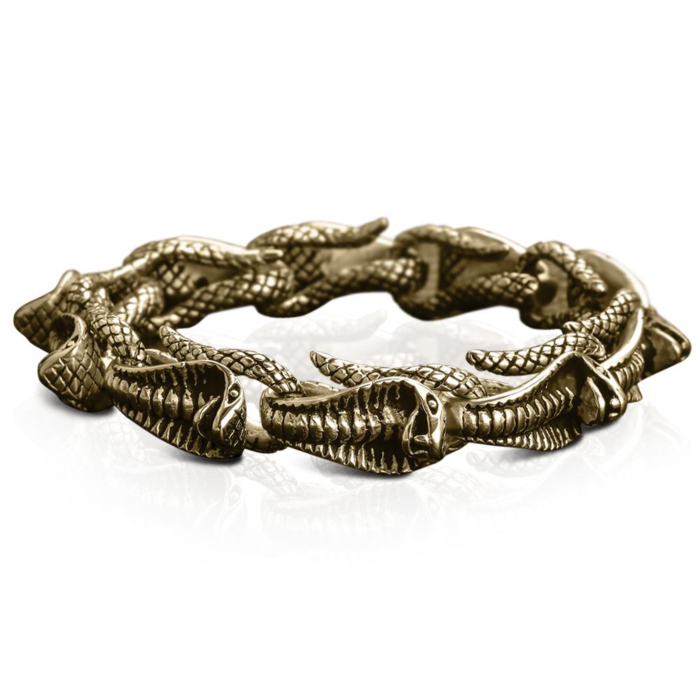 Venom Men's Gold Bracelet featuring a bold stainless steel design with intricate snake detailing, plated in gold for a striking men's jewelry piece.