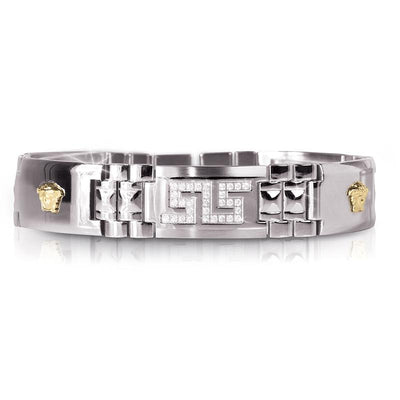 Medussa Bracelet featuring a two-tone stainless steel design with intricate geometric patterns and gold accents, crafted for a sophisticated male style.