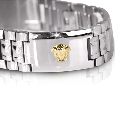 Medussa Bracelet close-up showing two-tone stainless steel design with a polished finish and detailed gold Medusa emblem on the clasp, a stylish male jewelry piece.