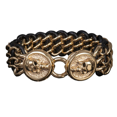 Men's Leather Yellow Gold Skull Bracelet featuring gold-plated stainless steel skull accents woven with black leather for a bold, stylish men's jewelry piece.