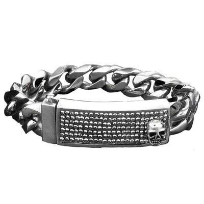 Crystal Skull Bracelet for men made of stainless steel with a bold chain design and a detailed skull accent on a textured rectangular plate, perfect jewelry accessory.