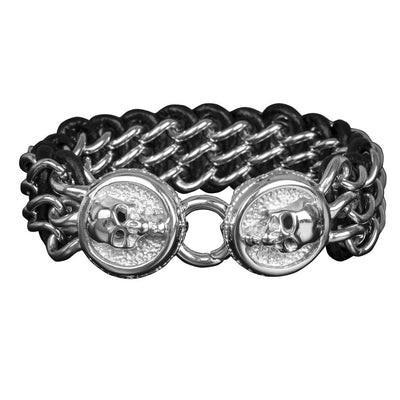 Men's Leather Steel Skull Bracelet featuring stainless steel chain links intertwined with black leather and detailed skull accents for a bold, masculine jewelry statement.