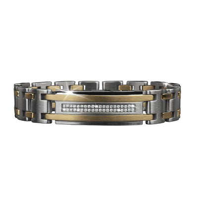 Mitre Two-Tone Bracelet for men crafted from stainless steel with gold accents and a row of embedded clear stones, offering a stylish and modern jewelry option.