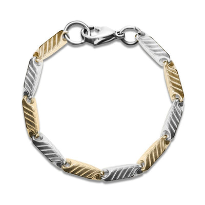 Chevron Steel Bracelet featuring two-tone stainless steel links with a chevron pattern and a secure clasp, designed for a stylish male accessory.