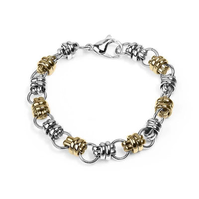 Quintus Steel Bracelet for men featuring interlocking silver and gold-tone steel links with a secure lobster clasp, combining elegant design with durable jewelry craftsmanship.