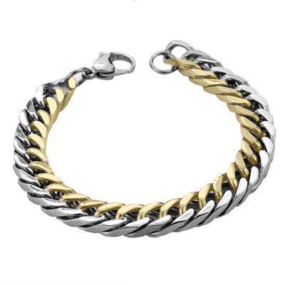 Arena Steel Bracelet featuring a two-tone stainless steel design with intertwined silver and gold links, crafted for a refined male jewelry statement.
