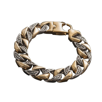 Great Portland Steel Bracelet in two-tone stainless steel featuring a bold, interlocking link design for a distinctive masculine jewelry statement.