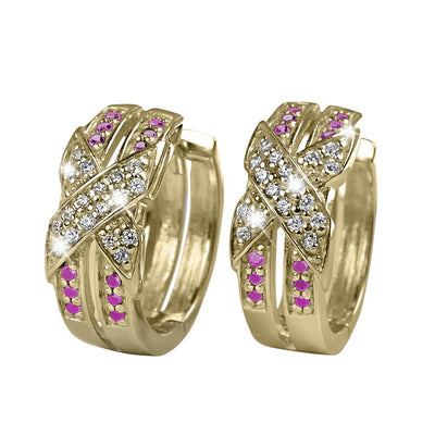 Embrace Gold Earrings crafted from sterling silver with gold plating, featuring a crisscross design accented with clear and pink gemstones, designed for women’s jewelry.