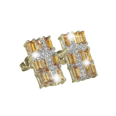Citrine Star Cross Earrings featuring gold-plated sterling silver with rectangle citrine stones and a sparkling cross of clear crystals, elegant jewelry for women.