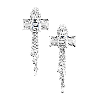 Contemporary Cross Clear Earrings crafted in sterling silver with rhodium plating, featuring clear rectangular stones and delicate chain tassel accents designed for women’s jewelry.