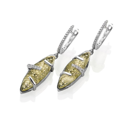 Captured Earrings for female featuring sterling silver with rhodium plating and sparkling clear stones along the hoop and marquise-shaped yellow centerpiece.