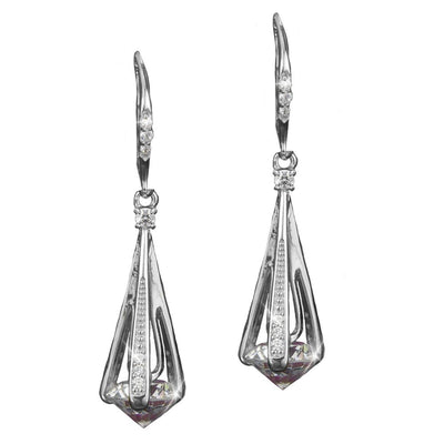 Cylinda Rhodium Earrings featuring sterling silver construction with rhodium plating, designed for women, showcasing an elegant geometric drop style with embedded sparkling stones.