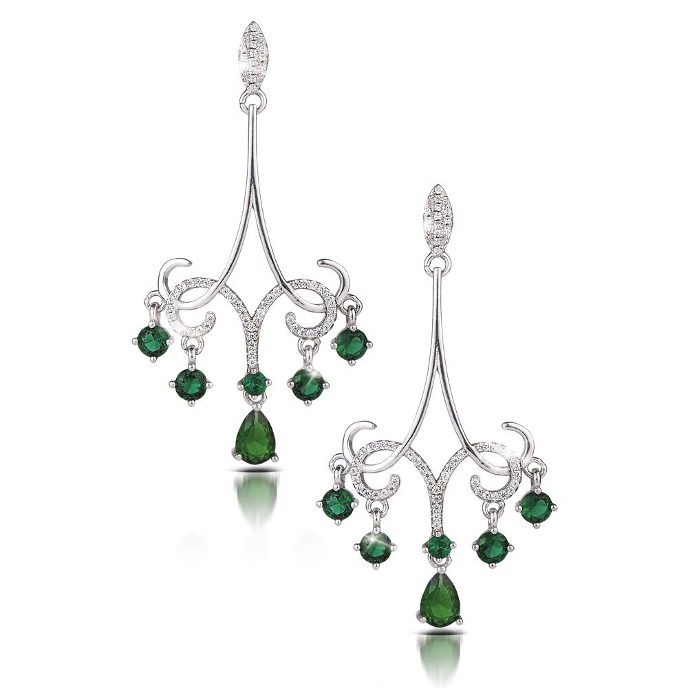 Kelly Chandelier Earrings featuring an elegant sterling silver rhodium-plated design with intricate detailing and green gemstone accents, perfect for women’s jewelry collections.