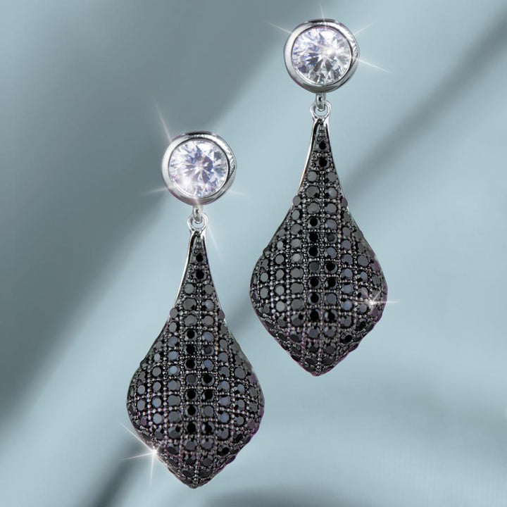 Micro Pave Drop Earrings featuring sparkling clear stones atop an elegant teardrop design adorned with intricate black micro pave detailing, perfect for female jewelry lovers.