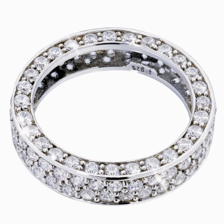 Florence Eternity Ring crafted in sterling silver with rhodium plating, featuring a continuous circle of sparkling clear stones designed for women seeking elegant jewelry.