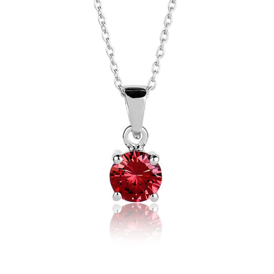 Brilliant Birthstones Pendant July featuring a round red gemstone set in rhodium plated sterling silver, designed as an elegant necklace for women.