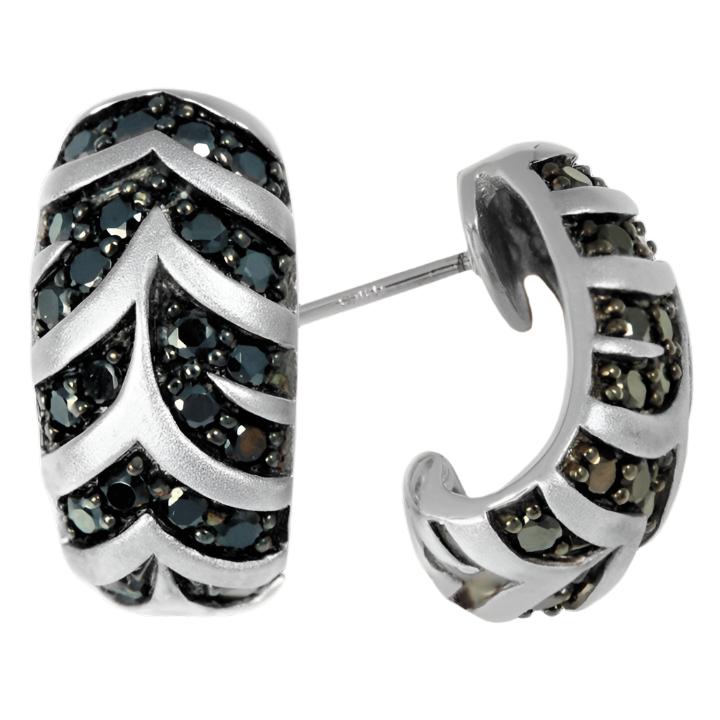 Jungle Fever Zebra Earrings crafted in rhodium-plated sterling silver featuring black and smoky gray stones set in a bold striped pattern for women’s jewelry.