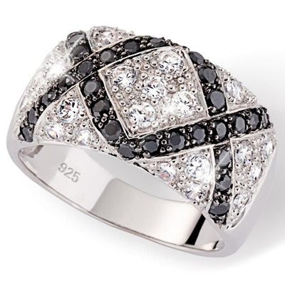 Lattice Ring in sterling silver featuring a bold lattice design with sparkling black and clear stones, an elegant jewelry piece for women.