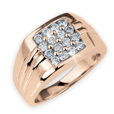 Mirage Men's Ring Rose Gold featuring a sterling silver band with rose gold plating and a cluster of sparkling clear stones for a bold, sophisticated jewelry statement.