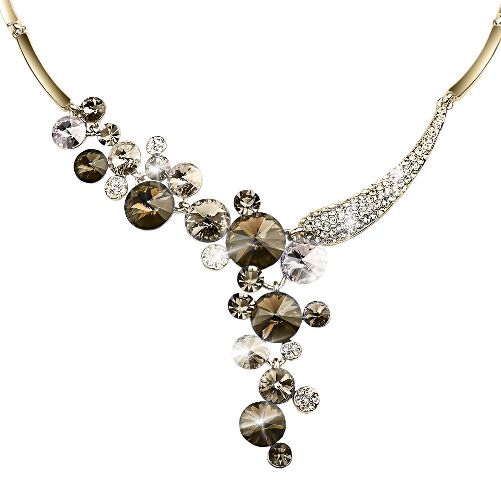 Azalia Coffee Necklace featuring a stainless steel design with clusters of round coffee-colored and clear crystals, elegantly arranged for a female jewelry statement piece.