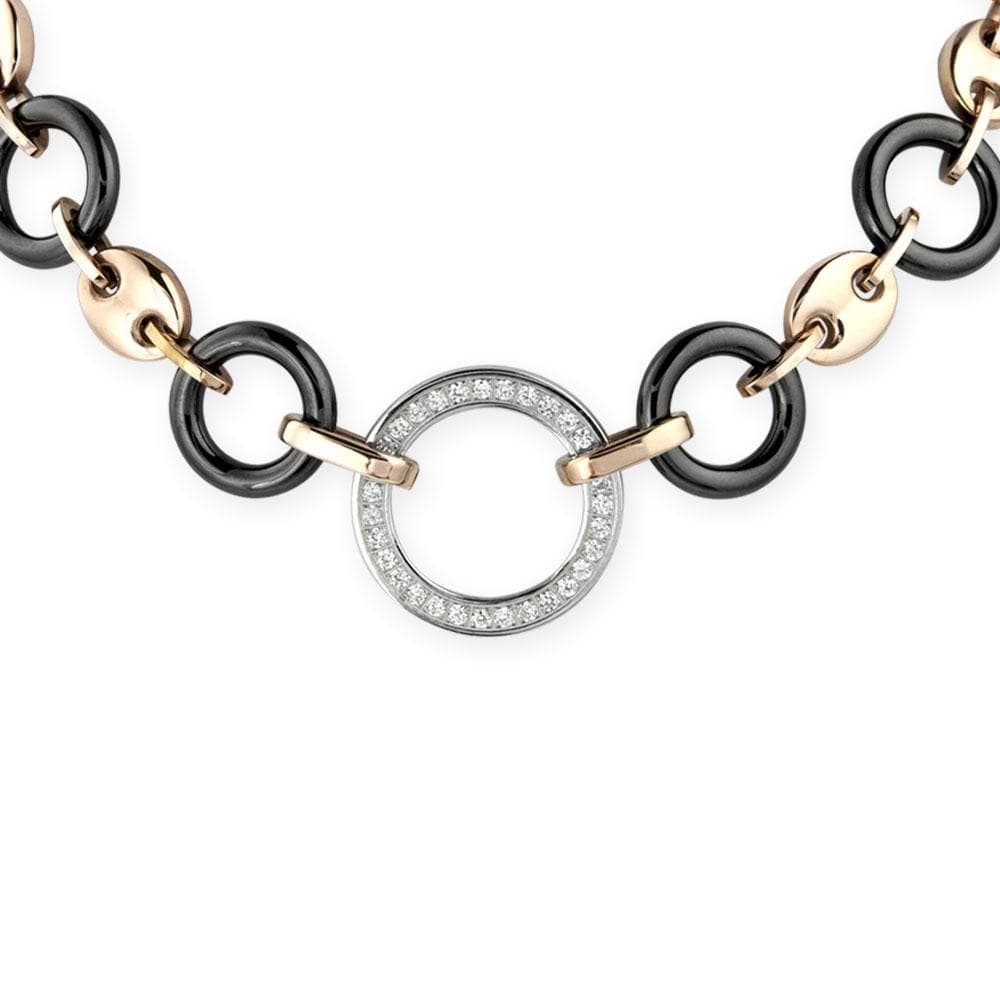 Close-up of a Java Ceramic Halo Necklace featuring stainless steel links with rose gold plating and a circular pendant encrusted with clear crystals, designed for women’s jewelry.
