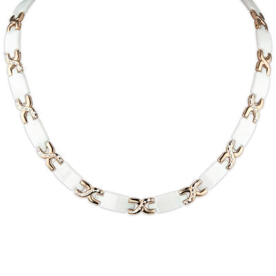 Ceramic Deluxe Necklace featuring white ceramic and rose gold plated stainless steel links, elegant women's jewelry piece designed for a sophisticated look.