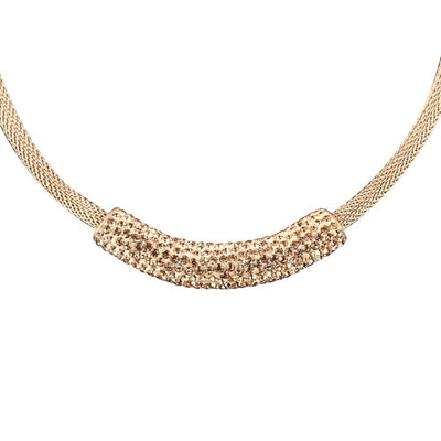 Crystal Contessa Rose Gold Necklace featuring a curved, crystal-encrusted pendant on a rose gold stainless steel chain, designed for elegant female jewelry styling.
