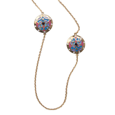 Golden Peacock Necklace featuring stainless steel material with gold plating, showcasing intricate blue and purple peacock-inspired pendants on a delicate chain for female jewelry.