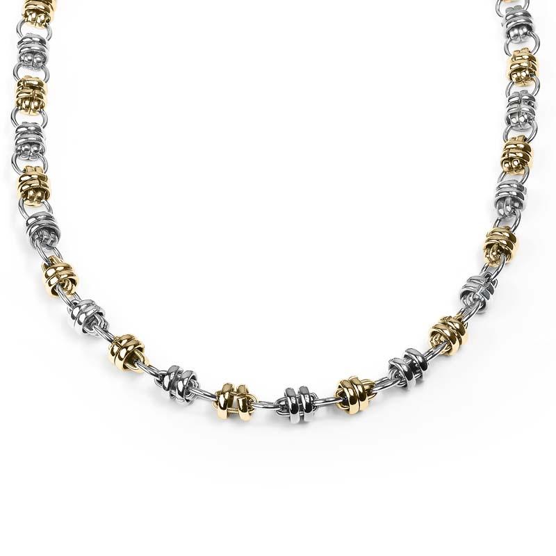 Quintus Steel Necklace for men featuring an alternating pattern of polished silver and gold-tone steel beads, designed for a bold and sophisticated jewelry statement.